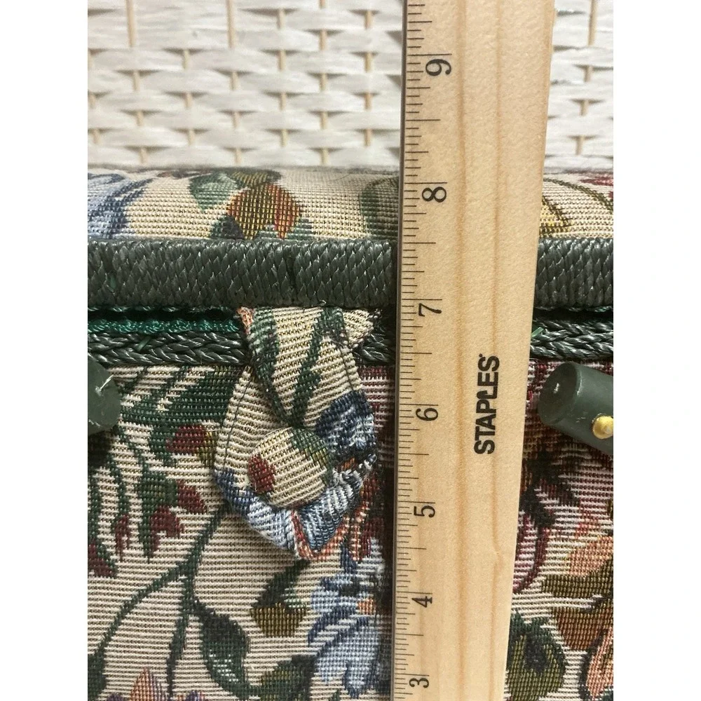 Vintage 1970s AZAR Floral Tapestry Sewing Basket Green Handles Full‎ Threads